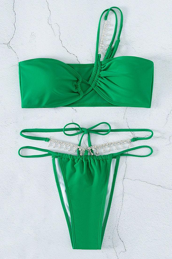 Green Rhinestone One Shoulder Cheeky Two Piece Swimsuit Bikini - AMIClubwear