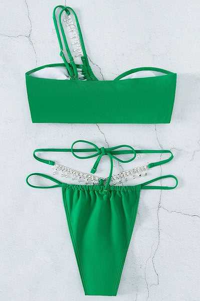 Green Rhinestone One Shoulder Cheeky Two Piece Swimsuit Bikini - AMIClubwear