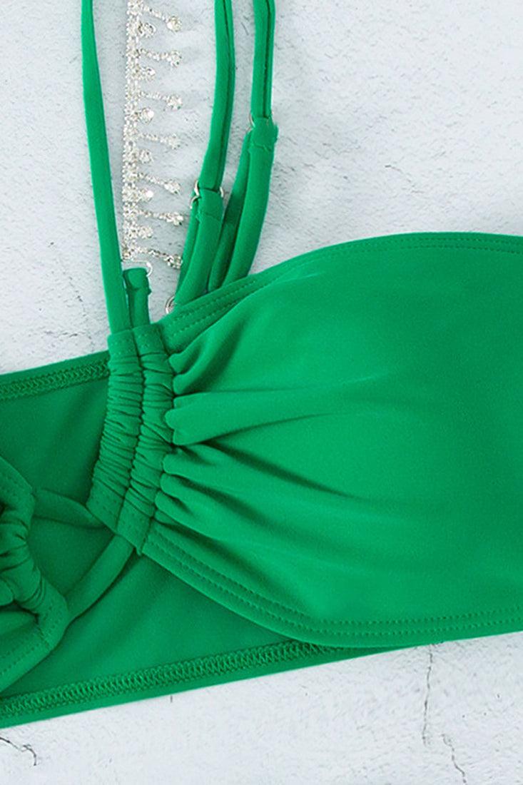 Green Rhinestone One Shoulder Cheeky Two Piece Swimsuit Bikini - AMIClubwear