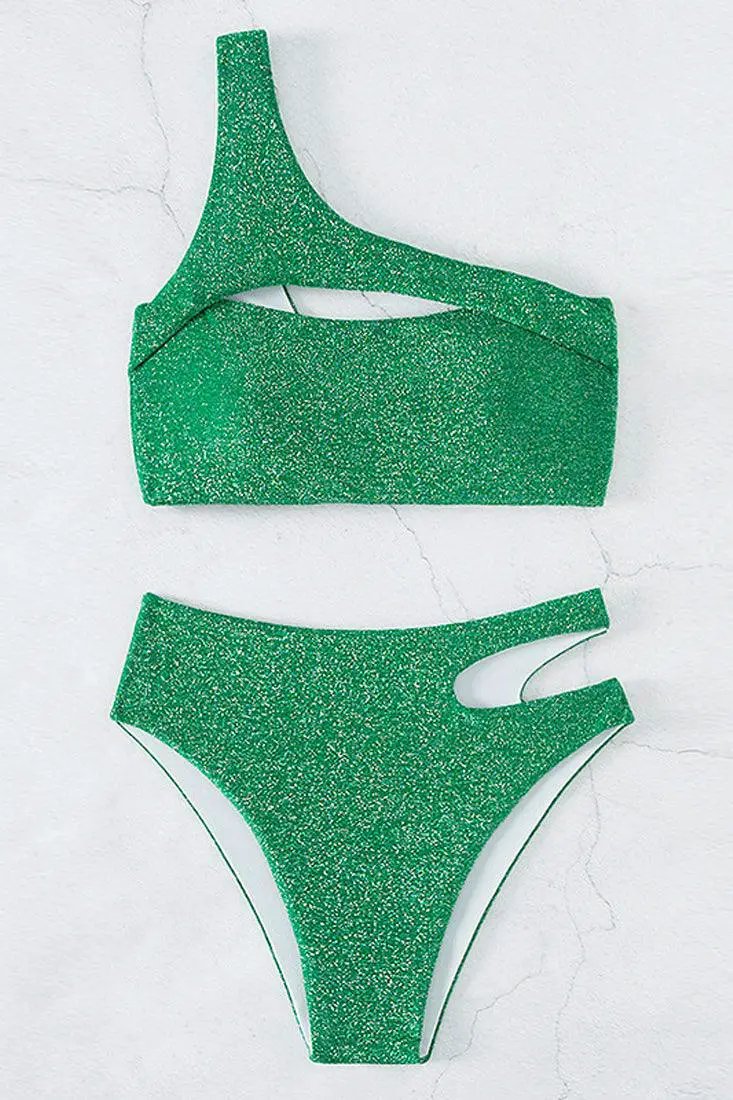 Green Shimmer Sparkly One Shoulder Cut Out High Waist Cheeky 2Pc Swimsuit