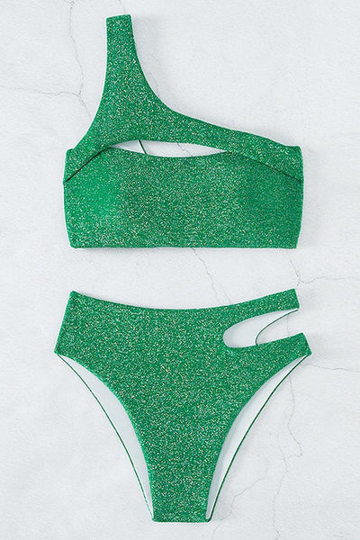 Green Shimmer Sparkly One Shoulder Cut Out High Waist Cheeky 2Pc Swimsuit - AMIClubwear