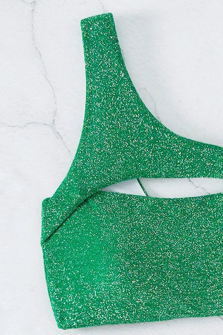 Green Shimmer Sparkly One Shoulder Cut Out High Waist Cheeky 2Pc Swimsuit