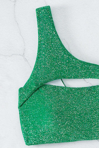 Green Shimmer Sparkly One Shoulder Cut Out High Waist Cheeky 2Pc Swimsuit - AMIClubwear