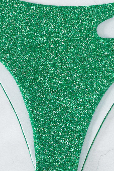 Green Shimmer Sparkly One Shoulder Cut Out High Waist Cheeky 2Pc Swimsuit - AMIClubwear