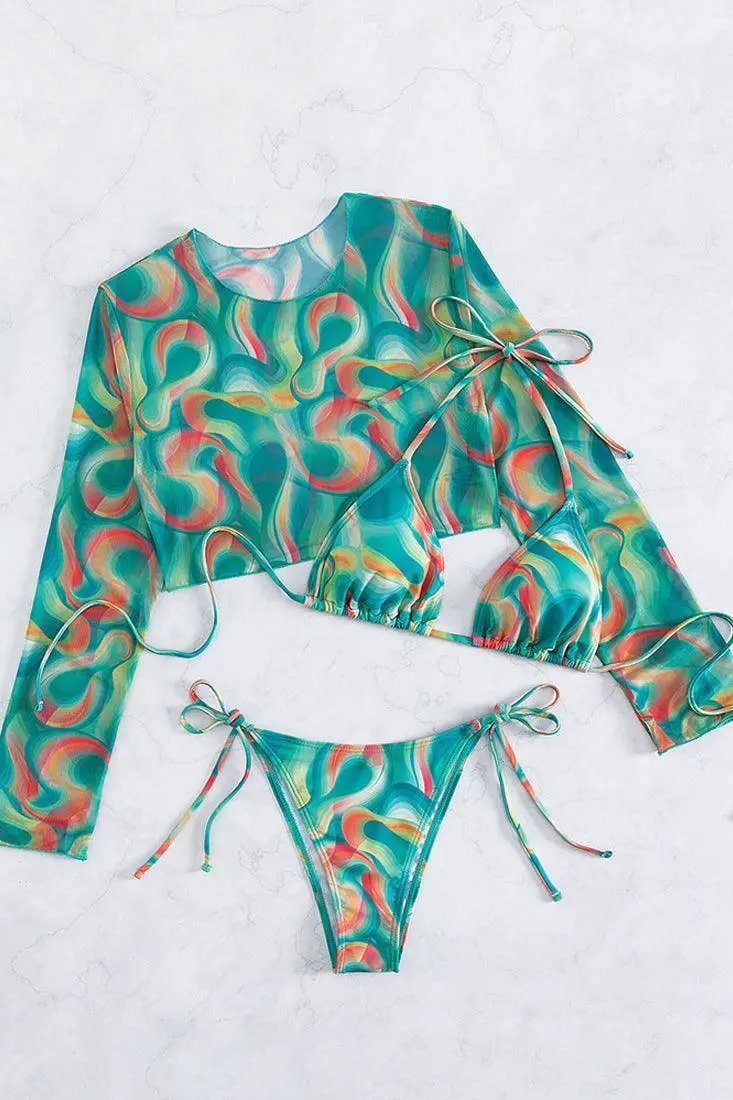 Green Swirl Printed Triangle Cheeky Mesh Cover-Up 3Pc Swimsuit Set