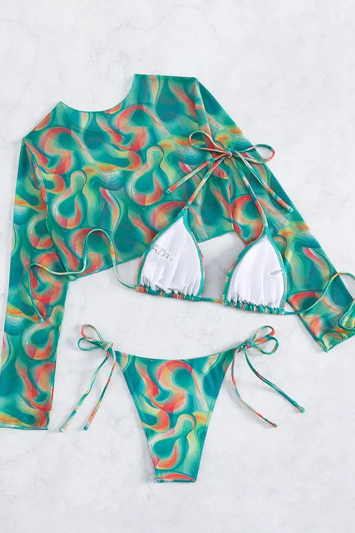 Green Swirl Printed Triangle Cheeky Mesh Cover-Up 3Pc Swimsuit Set