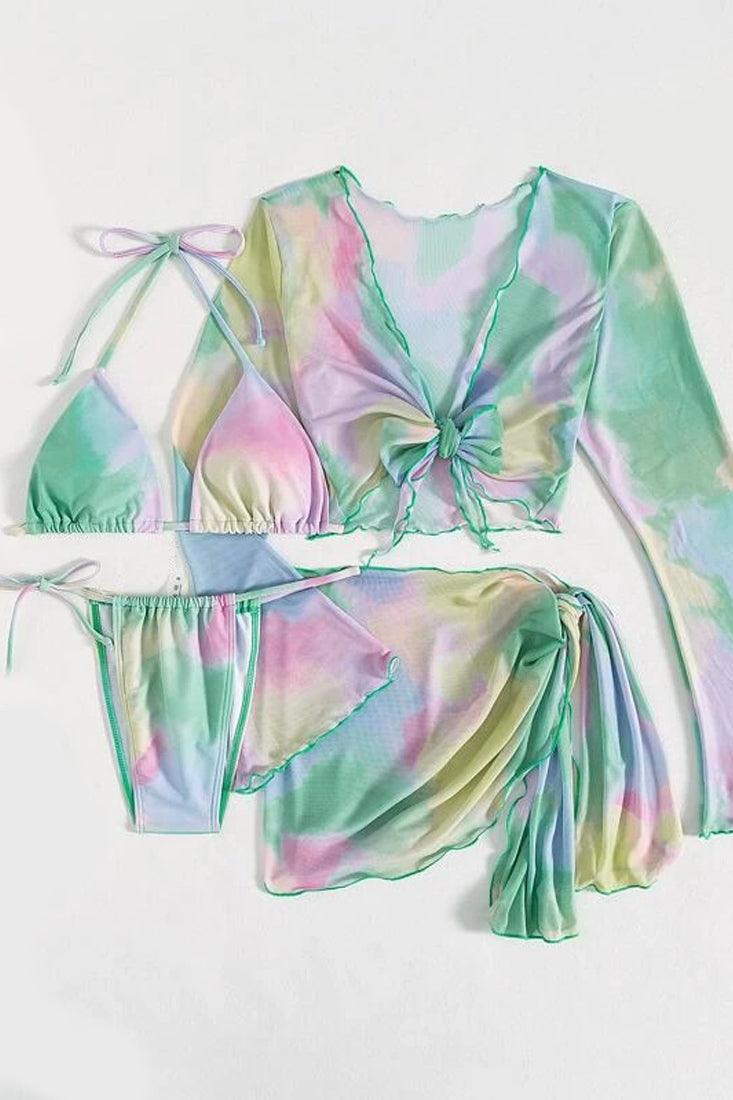Green Tie Dye Triangle String 4 Piece Cover Up Swimsuit Set Bikini - AMIClubwear