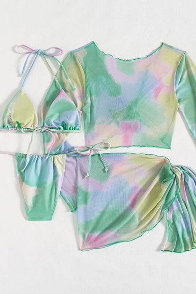Green Tie Dye Triangle String 4 Piece Cover Up Swimsuit Set Bikini - AMIClubwear