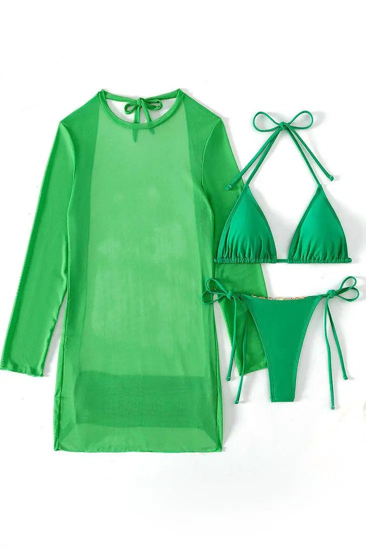 Green Triangle Thong Rhinestone Backless Cover-Up 3Pc Swimsuit Set