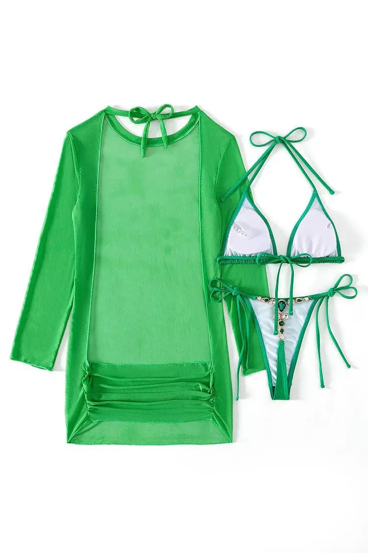 Green Triangle Thong Rhinestone Backless Cover-Up 3Pc Swimsuit Set