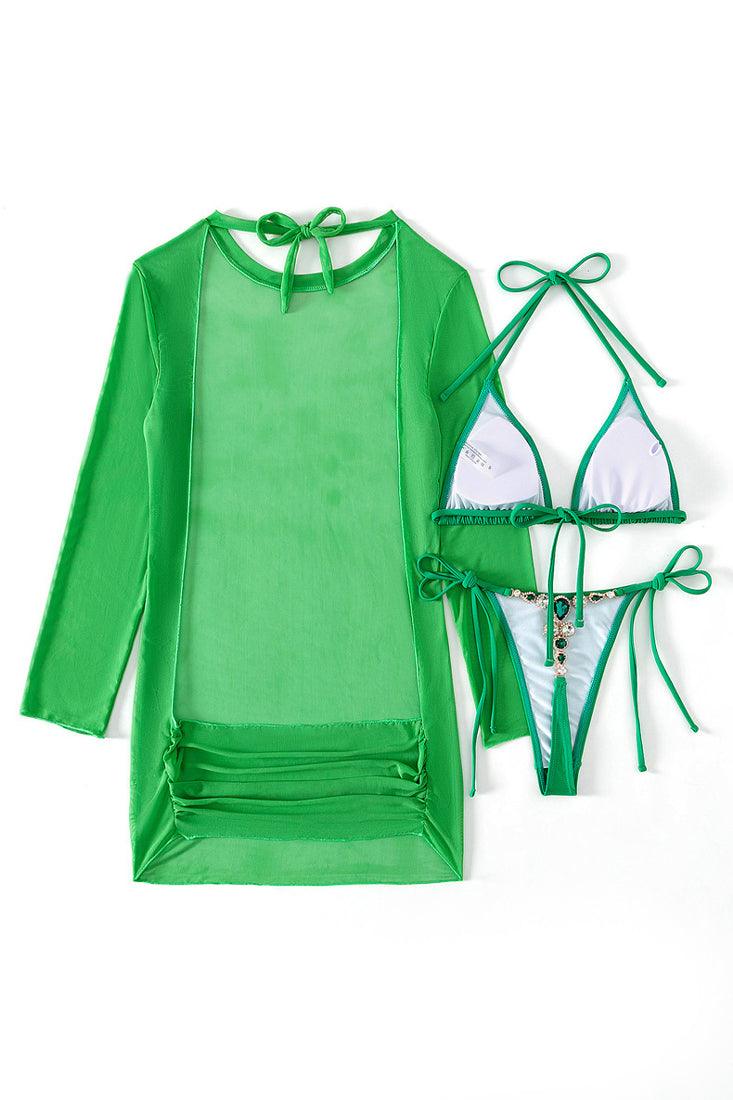 Green Triangle Thong Rhinestone Backless Cover-Up 3Pc Swimsuit Set - AMIClubwear