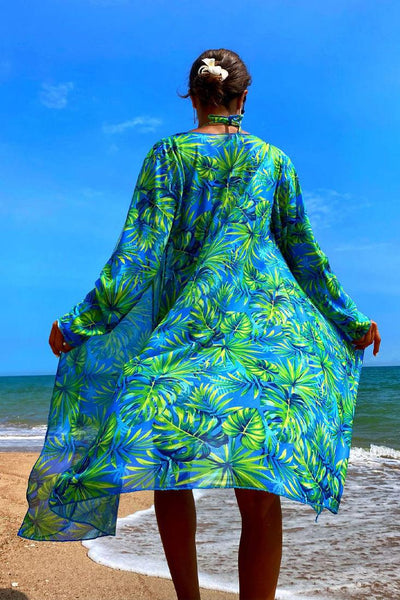 Green Tropical Print Triangle 3 Pc Kimono Cover-Up Swimsuit Set Bikini - AMIClubwear