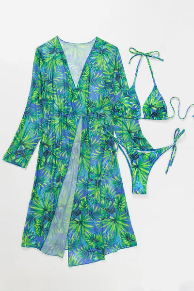 Green Tropical Print Triangle 3 Pc Kimono Cover-Up Swimsuit Set Bikini - AMIClubwear