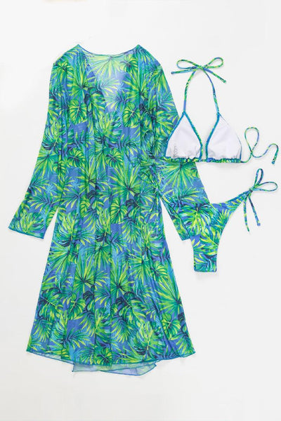 Green Tropical Print Triangle 3 Pc Kimono Cover-Up Swimsuit Set Bikini - AMIClubwear