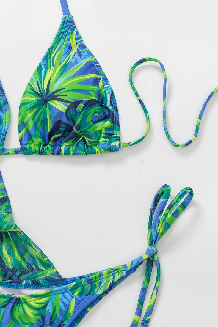 Green Tropical Print Triangle 3 Pc Kimono Cover-Up Swimsuit Set Bikini - AMIClubwear