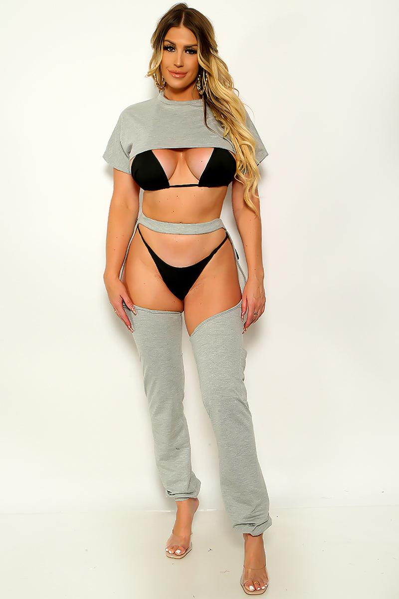 Grey Crop Top Chaps Sweat Pants 2 Pc Outfit Set - AMIClubwear