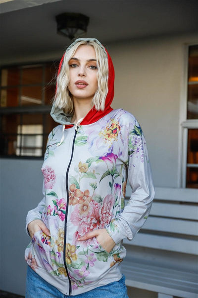 Grey Pink Flower Print Contrast Double Hood Sweater - AMIClubwear