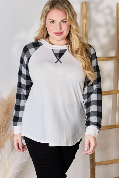Hailey & Co Full Size Plaid Raglan Sleeve Round Neck Blouse - AMIClubwear