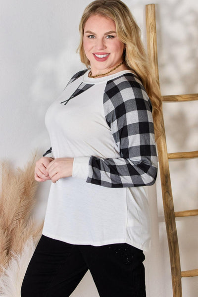 Hailey & Co Full Size Plaid Raglan Sleeve Round Neck Blouse - AMIClubwear