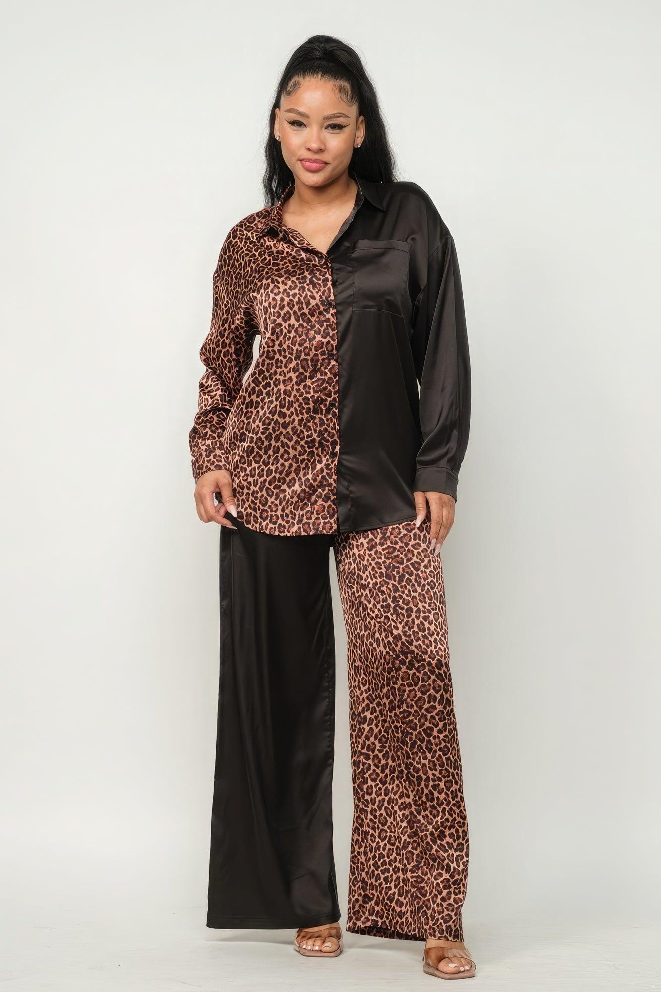 Half Animal Print And Half Solid Top And Pants Set - AMIClubwear