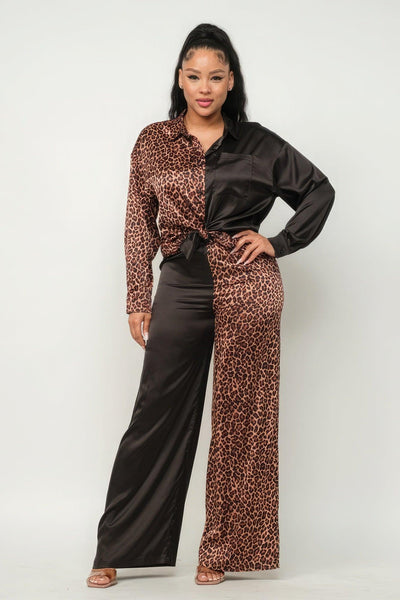 Half Animal Print And Half Solid Top And Pants Set - AMIClubwear