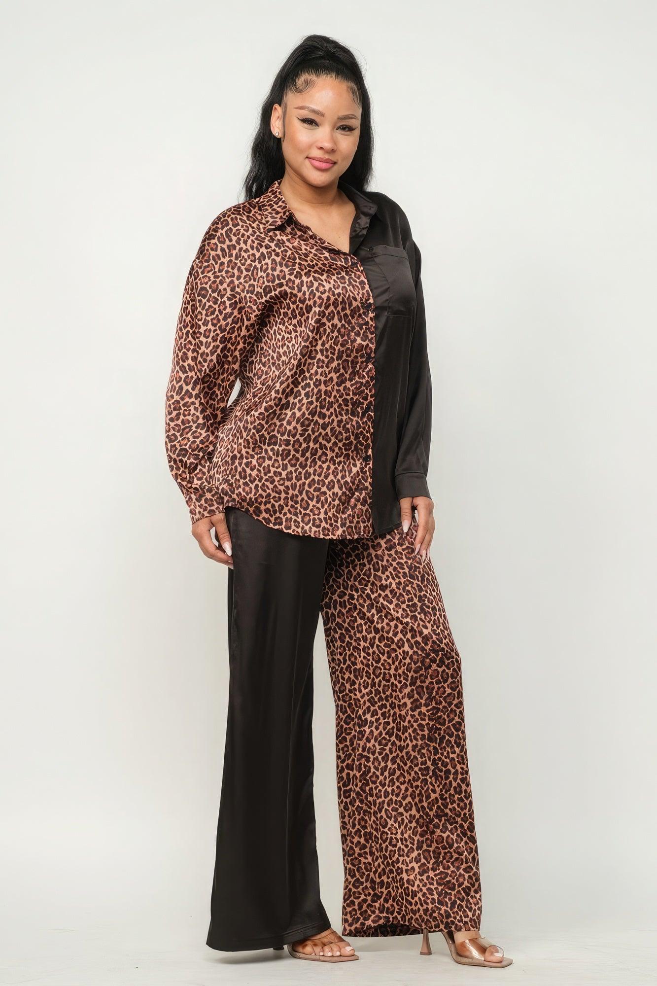 Half Animal Print And Half Solid Top And Pants Set - AMIClubwear