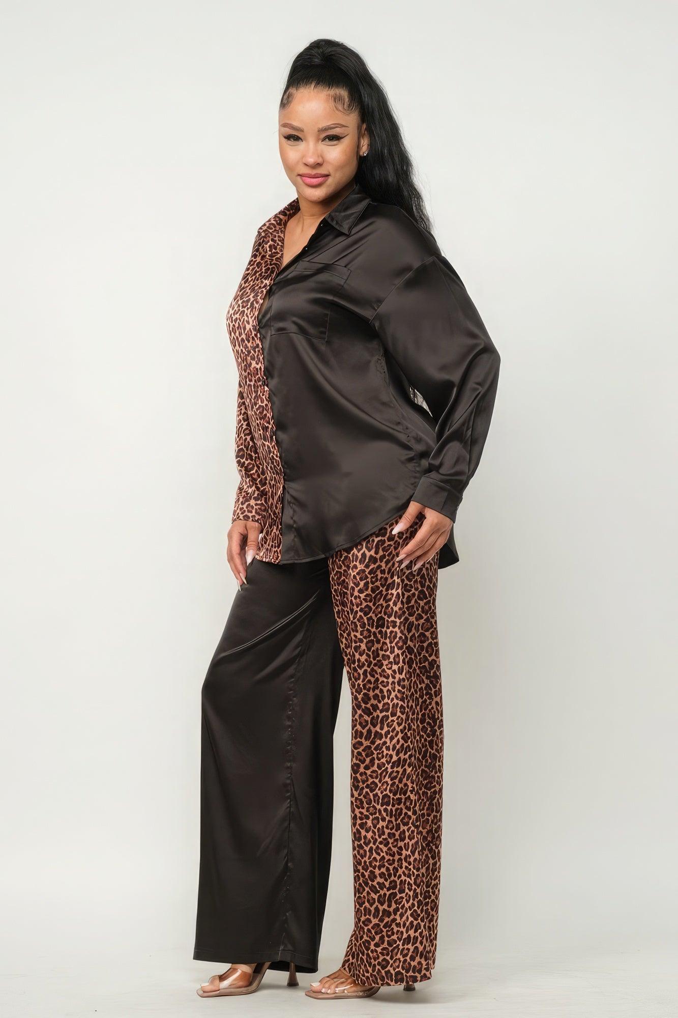 Half Animal Print And Half Solid Top And Pants Set - AMIClubwear