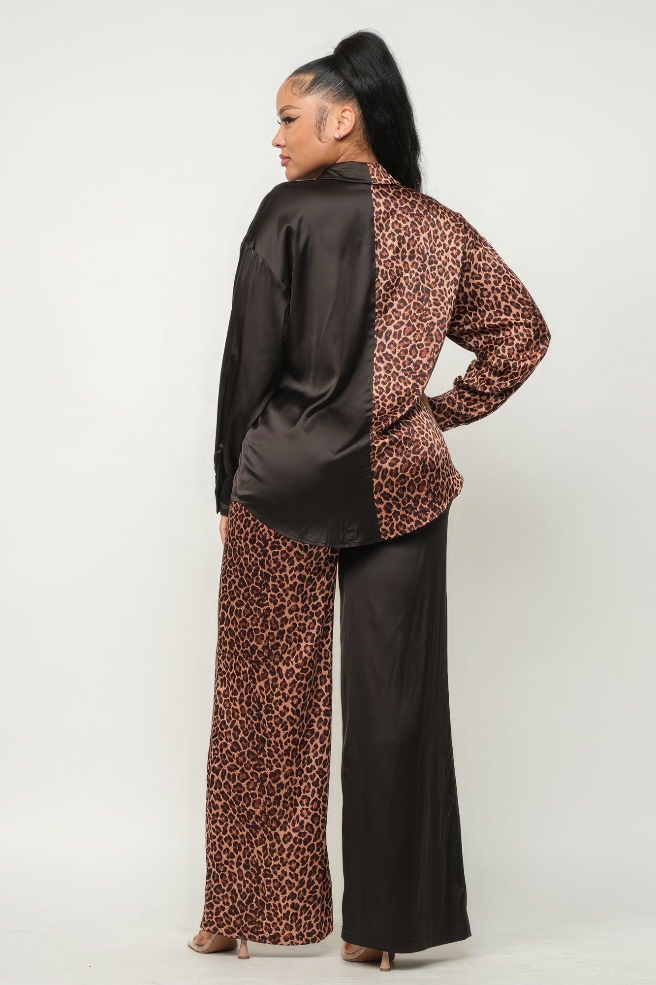 Half Animal Print And Half Solid Top And Pants Set - AMIClubwear