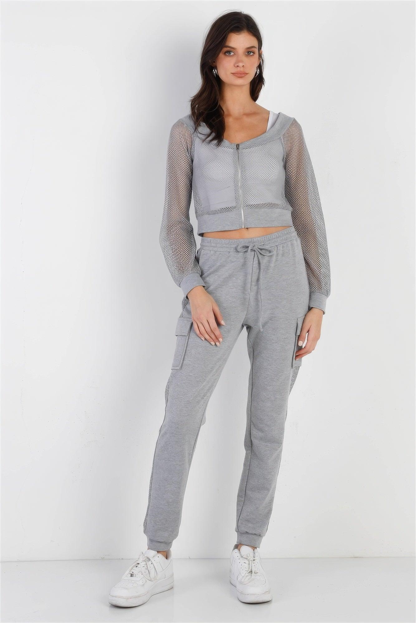 Heather Grey Contrast Fishnet Zip-up Top & Pants Set - AMIClubwear