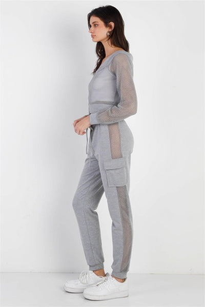 Heather Grey Contrast Fishnet Zip-up Top & Pants Set - AMIClubwear