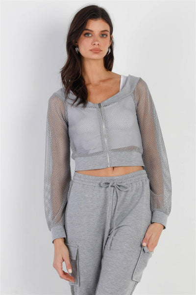 Heather Grey Contrast Fishnet Zip-up Top & Pants Set - AMIClubwear