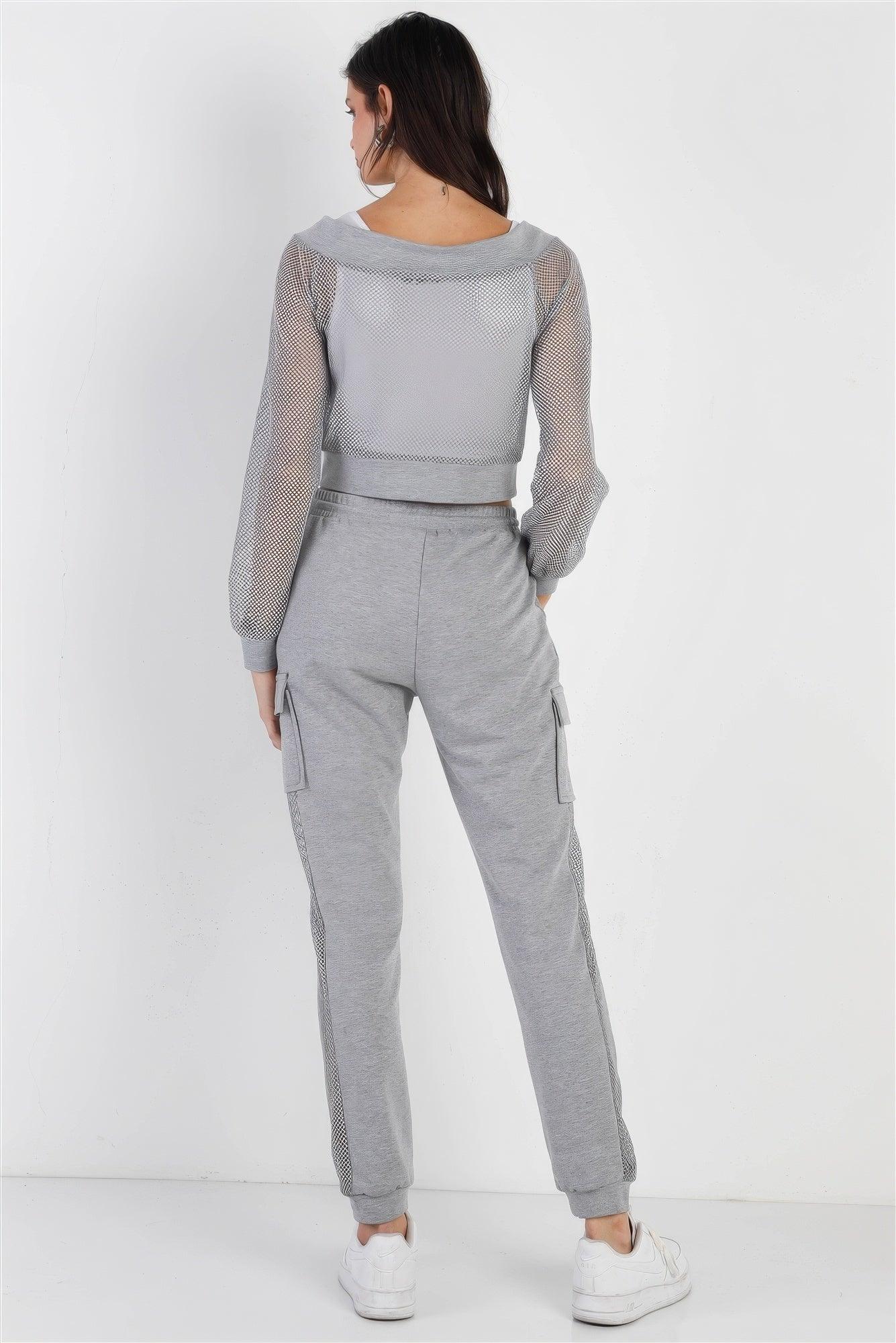 Heather Grey Contrast Fishnet Zip-up Top & Pants Set - AMIClubwear