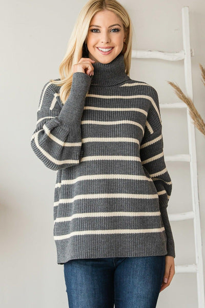 Heavy Knit Striped Turtle Neck Knit Sweater - AMIClubwear
