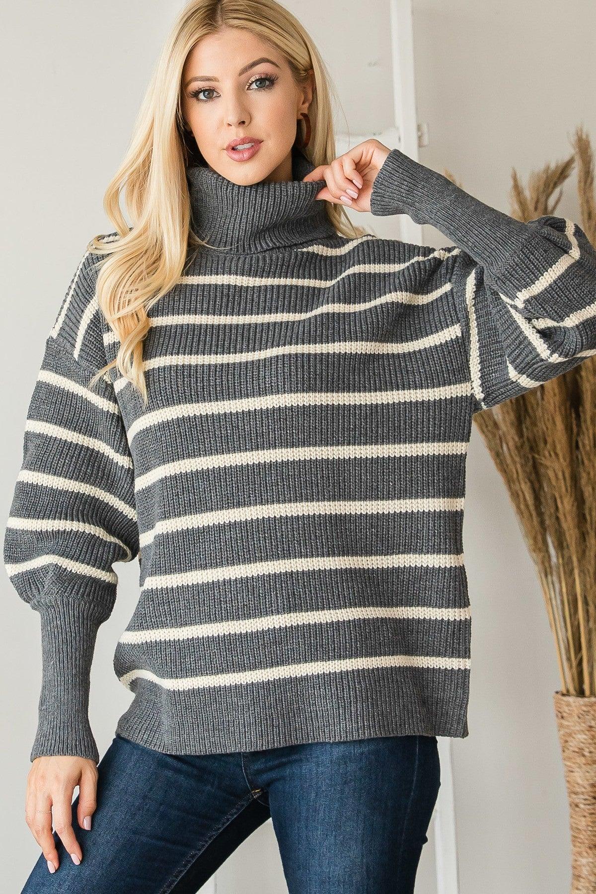 Heavy Knit Striped Turtle Neck Knit Sweater - AMIClubwear