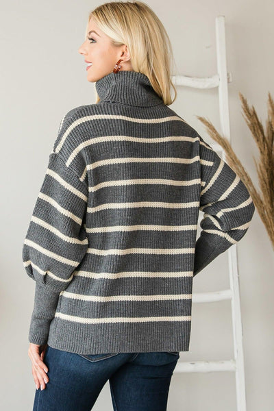 Heavy Knit Striped Turtle Neck Knit Sweater - AMIClubwear