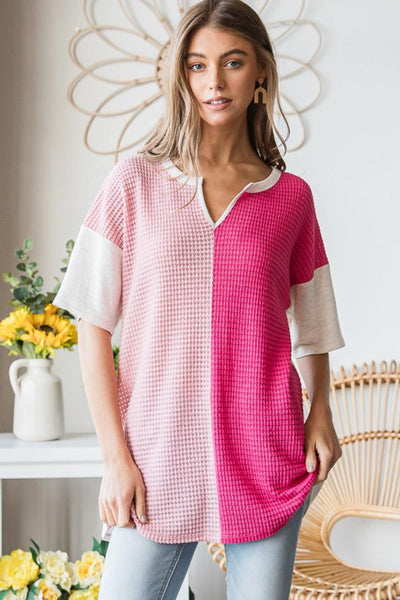 Heimish Full Size Contrast Waffle-Knit Half Sleeve Blouse - AMIClubwear