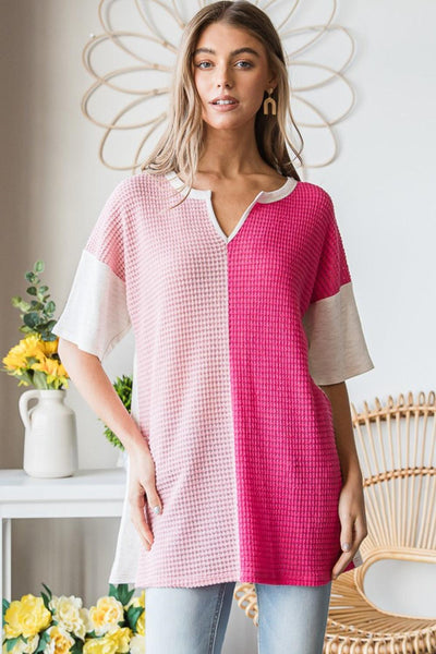 Heimish Full Size Contrast Waffle-Knit Half Sleeve Blouse - AMIClubwear