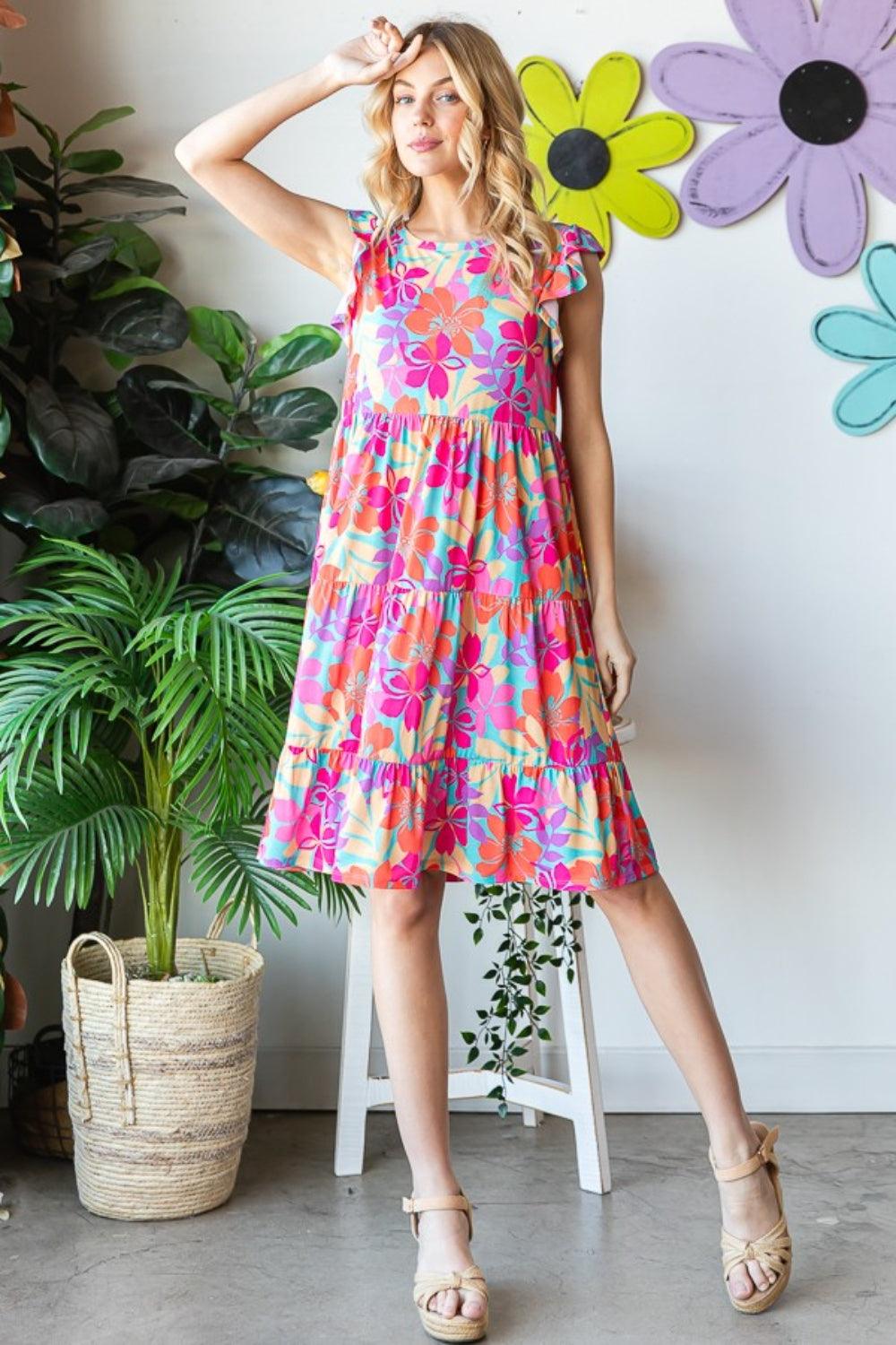 Heimish Full Size Floral Cap Sleeve Tiered Dress - AMIClubwear