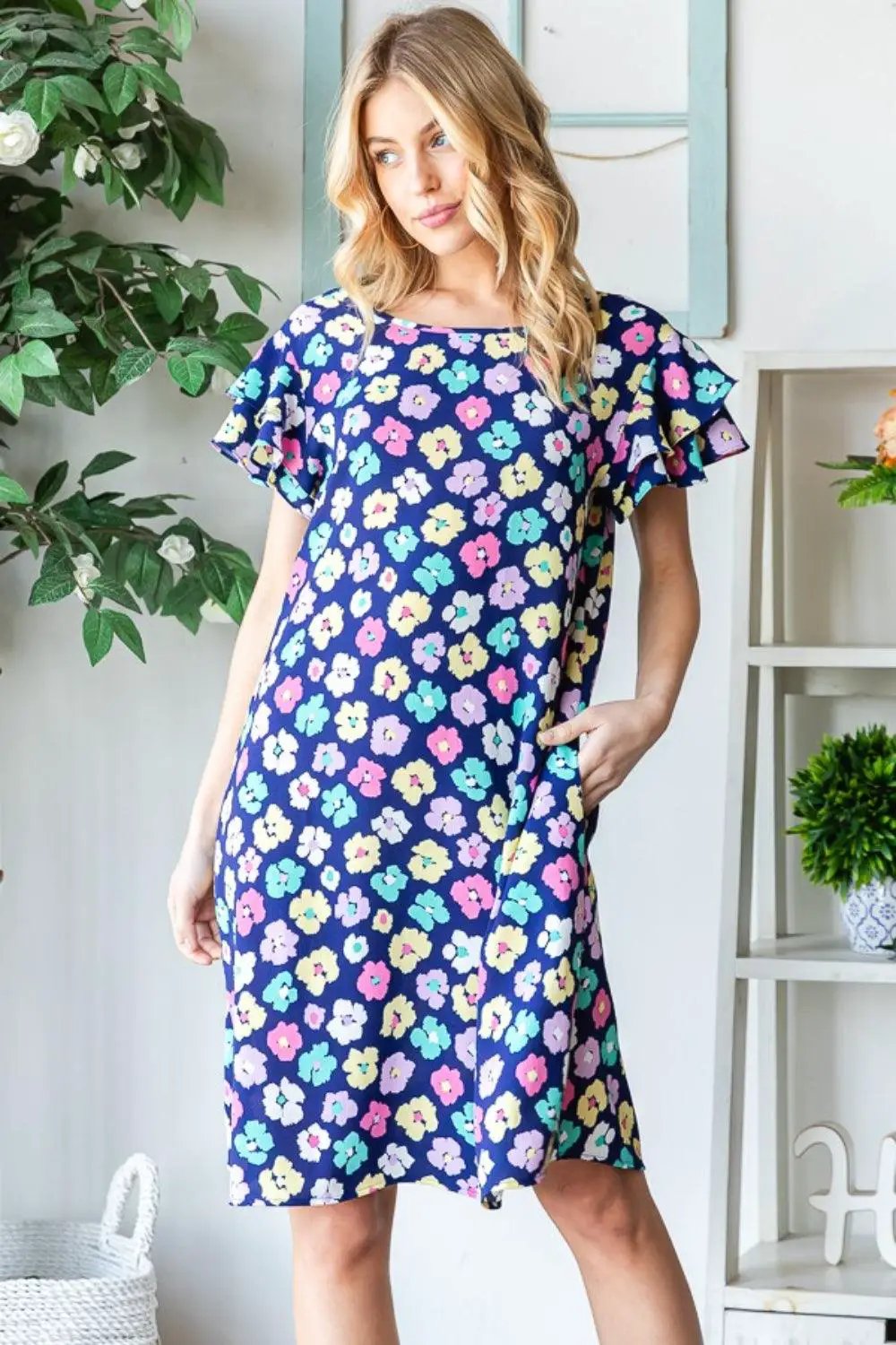 Heimish Full Size Floral Ruffled Short Sleeve Dress with Pockets