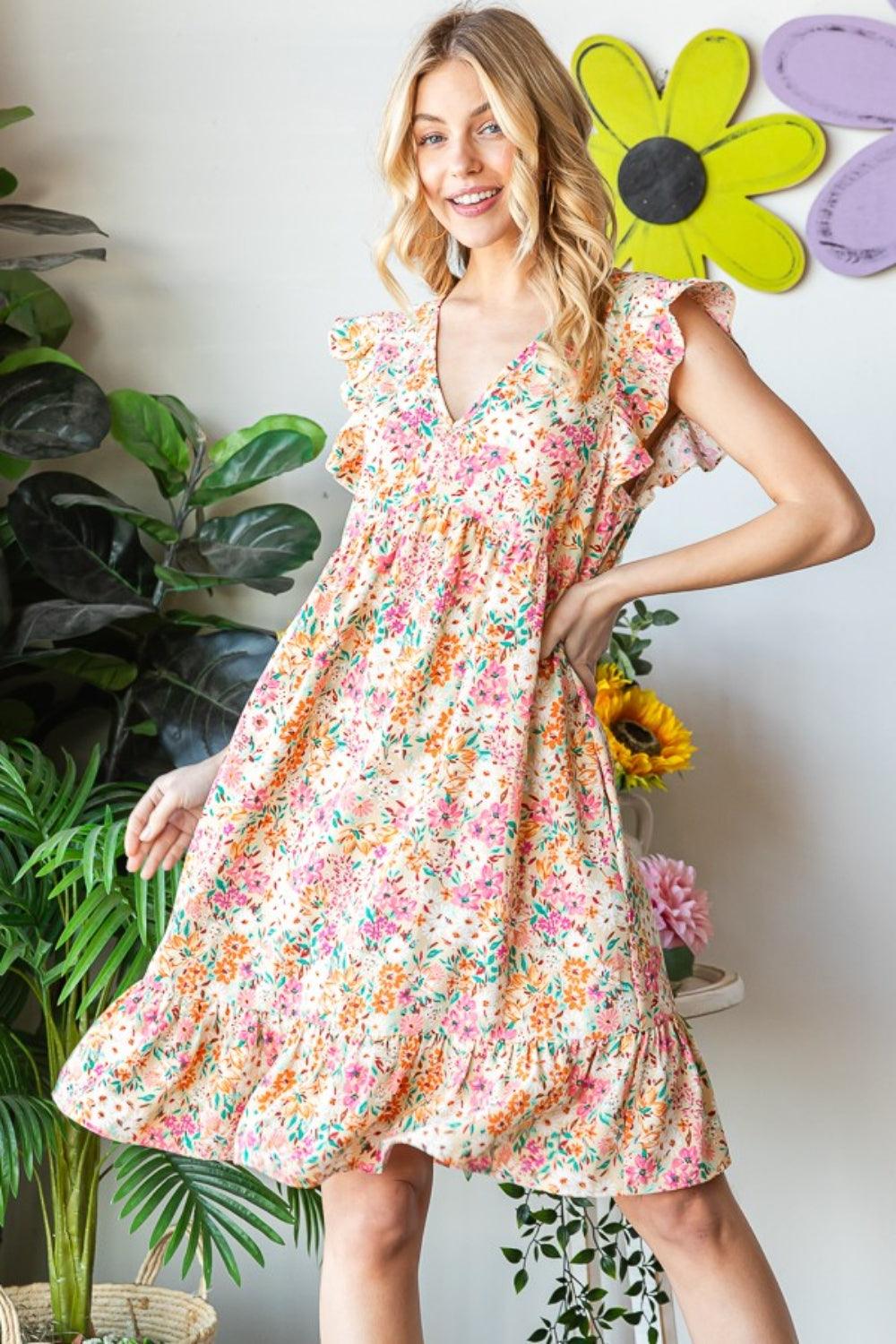 Heimish Full Size Floral Ruffled V-Neck Dress - AMIClubwear