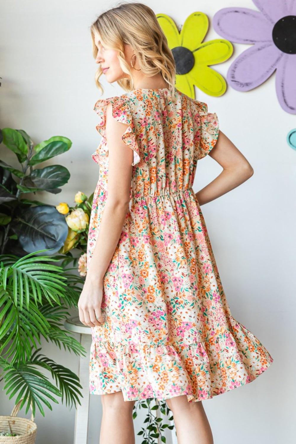 Heimish Full Size Floral Ruffled V-Neck Dress - AMIClubwear