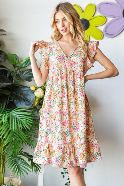 Heimish Full Size Floral Ruffled V-Neck Dress - AMIClubwear