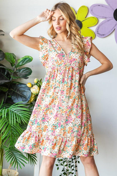 Heimish Full Size Floral Ruffled V-Neck Dress - AMIClubwear