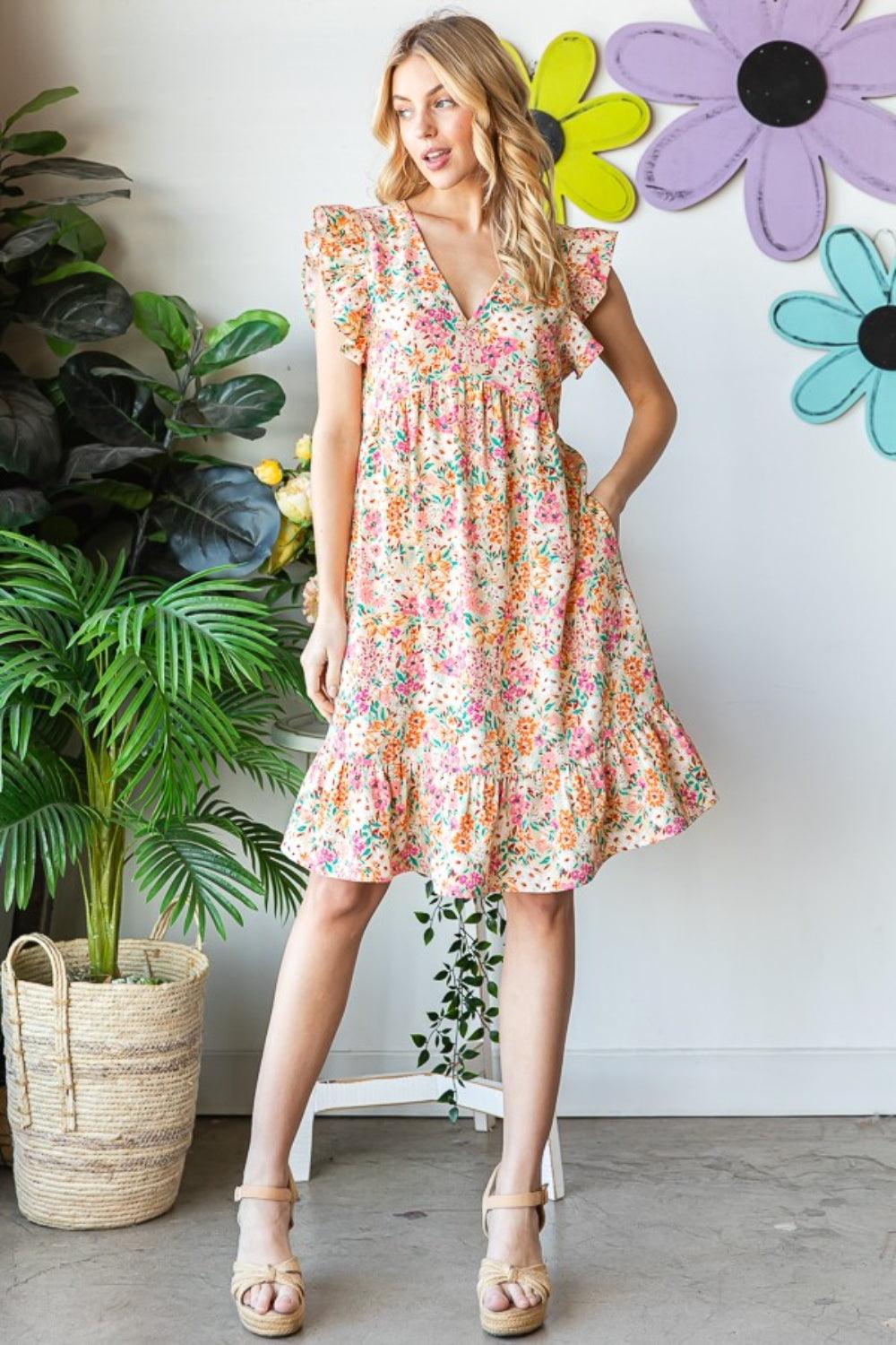 Heimish Full Size Floral Ruffled V-Neck Dress - AMIClubwear