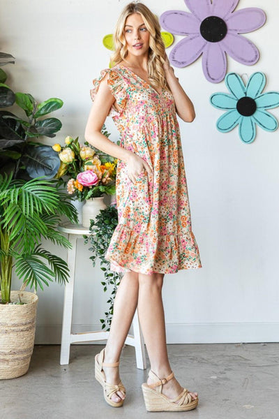 Heimish Full Size Floral Ruffled V-Neck Dress - AMIClubwear