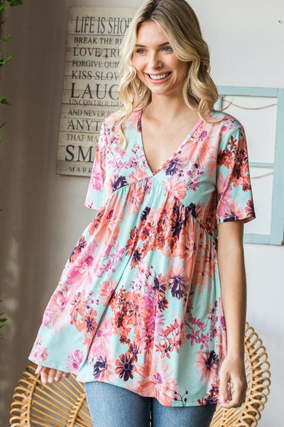 Heimish Full Size Floral V-Neck Short Sleeve Babydoll Blouse - AMIClubwear