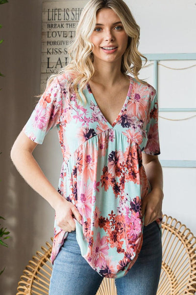 Heimish Full Size Floral V-Neck Short Sleeve Babydoll Blouse - AMIClubwear