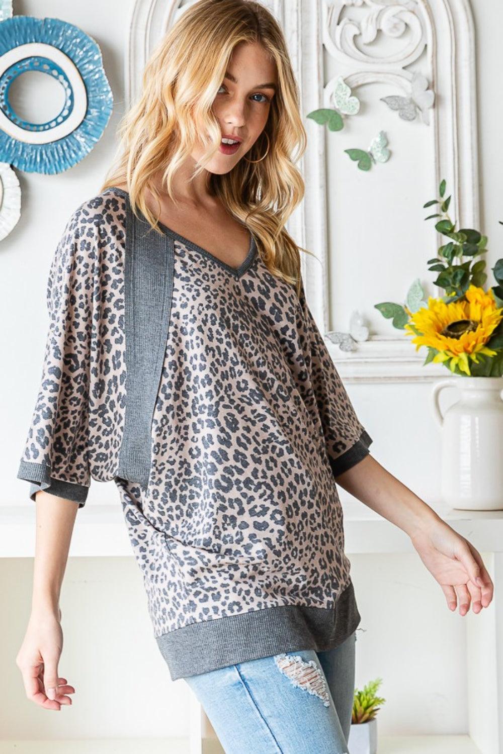 Heimish Full Size Leopard Contrast V-Neck Half Sleeve T-Shirt - AMIClubwear