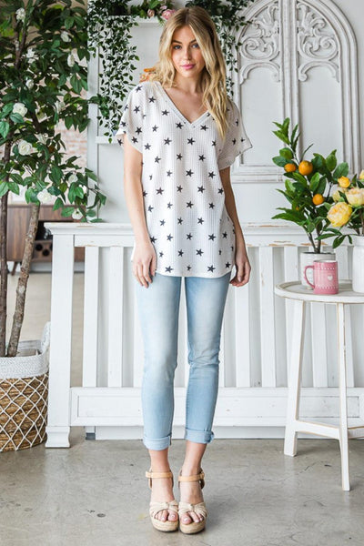 Heimish Full Size Star Print Short Sleeve V-Neck Waffle Knit T-Shirt - AMIClubwear