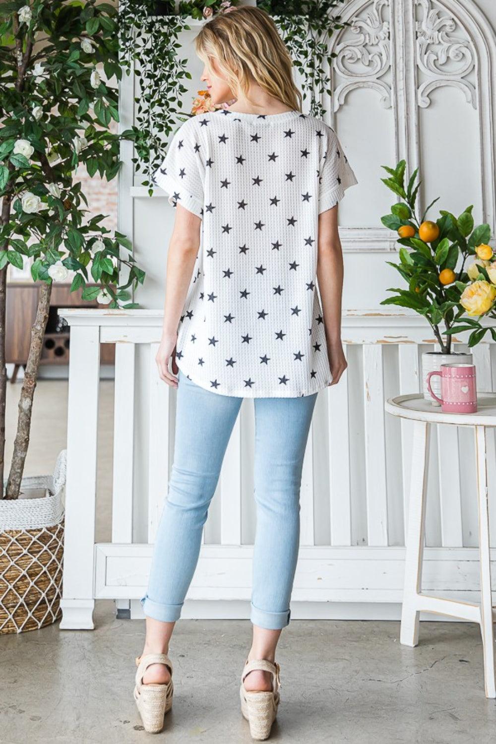 Heimish Full Size Star Print Short Sleeve V-Neck Waffle Knit T-Shirt - AMIClubwear